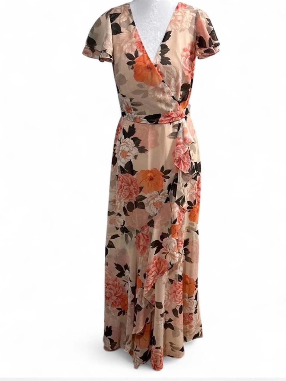 Floral Maxi Dress in Blush and Peach with ruffle sleeves